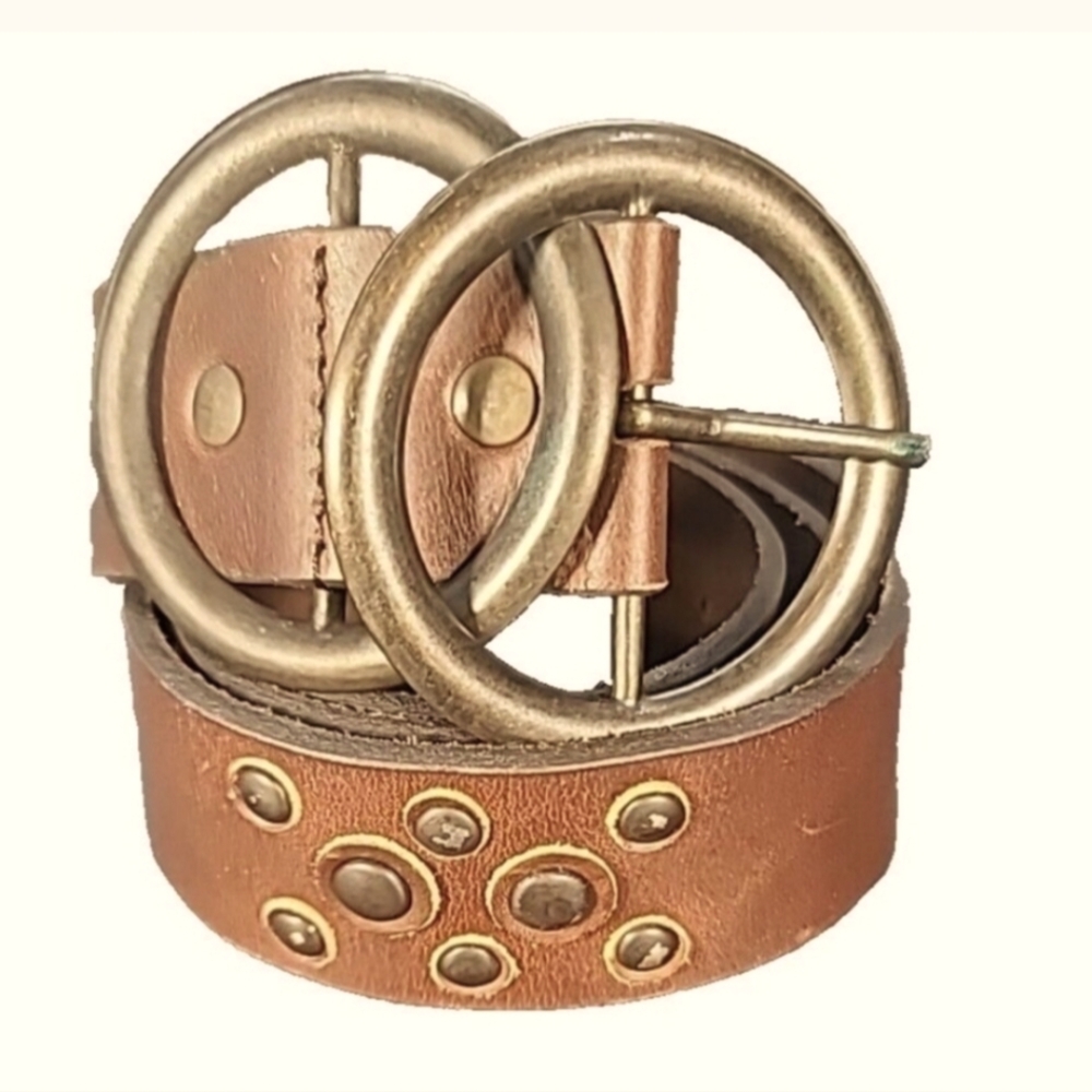 Vintage Double O Ring Brown Leather Belt, Embellished Antique Brass Buckle